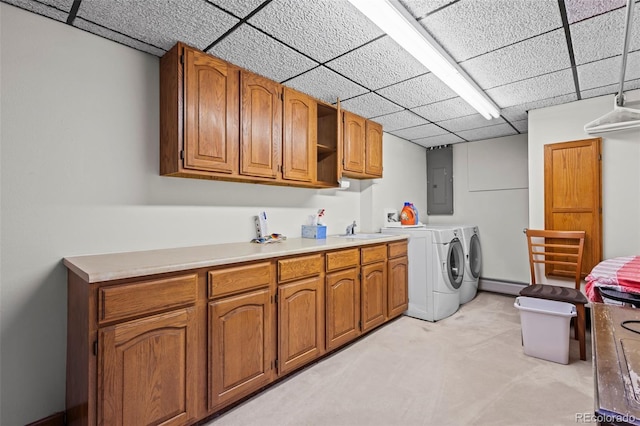 7351 Poppy Way, Arvada, CO 80007 - laundry area featuring cabinet space, independent washer and dryer, electric panel, and light carpet