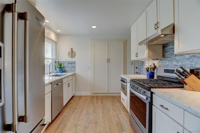 kitchen with decorative backsplash, under cabinet range hood, a sink, light wood finished floors, and stainless steel appliances
