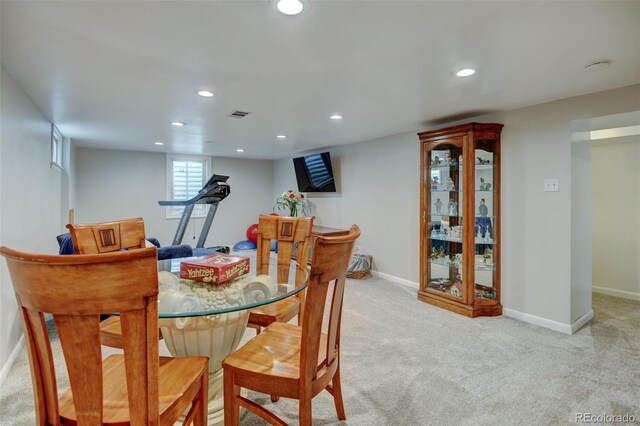 carpeted dining space featuring baseboards, recessed lighting, and visible vents