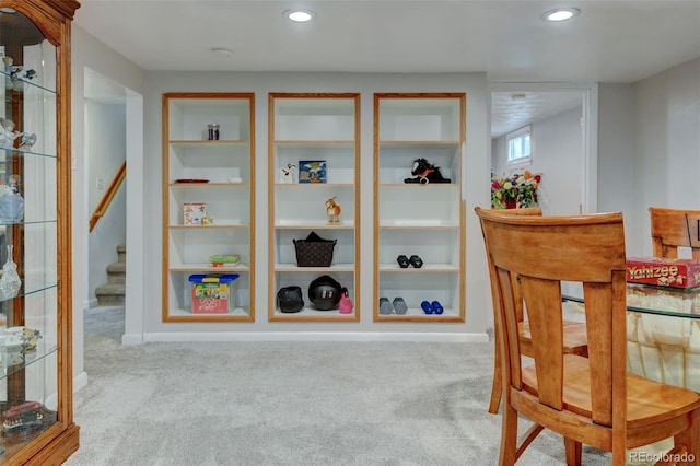 interior space featuring carpet flooring, recessed lighting, and baseboards