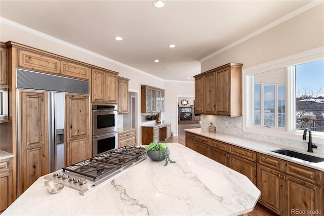 kitchen with sink, crown molding, tasteful backsplash, appliances with stainless steel finishes, and light stone countertops