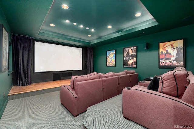 home theater room with a tray ceiling