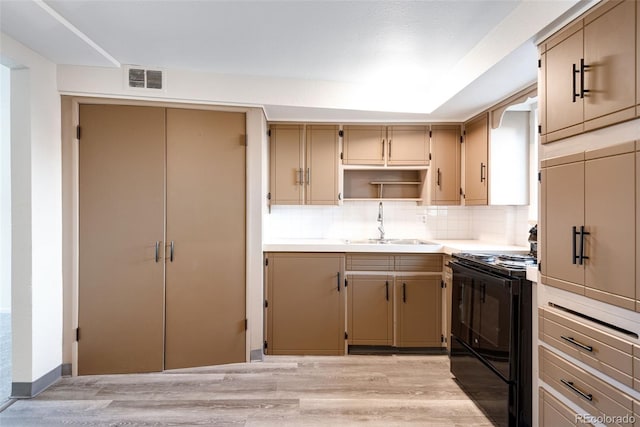 3728 N Vance St Unit 1-4, Wheat Ridge, CO 80033 - kitchen featuring black range oven, a sink, light wood finished floors, decorative backsplash, and light countertops