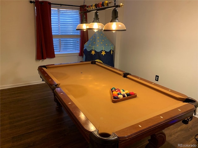 rec room with billiards, wood finished floors, and baseboards