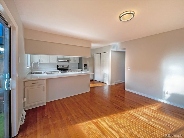 kitchen with sink, kitchen peninsula, light hardwood / wood-style floors, white cabinets, and appliances with stainless steel finishes