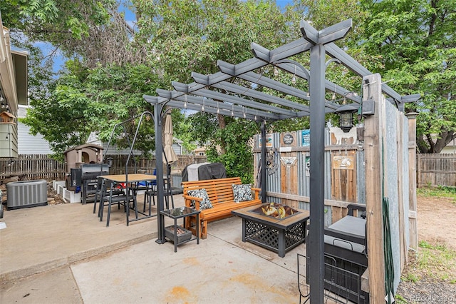 309 S 30th Ave, Brighton, CO 80601 - fenced backyard with a patio, a pergola, an outdoor living space with a fire pit, and outdoor dining space