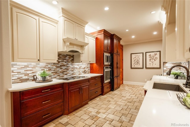 kitchen featuring appliances with stainless steel finishes, decorative backsplash, ornamental molding, sink, and custom exhaust hood