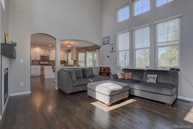 living room featuring dark wood-type flooring and a towering ceiling