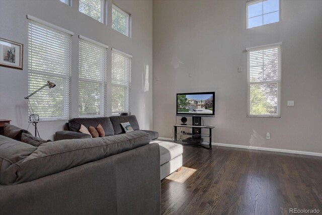 living room with a towering ceiling, dark wood-type flooring, and plenty of natural light