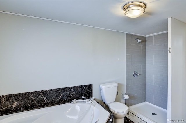 full bathroom with a stall shower, toilet, and a bath