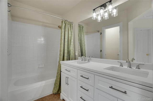 2140 W 135th Ave, Westminster, CO 80234 - full bathroom featuring shower / bathtub combination with curtain, double vanity, and tile patterned flooring