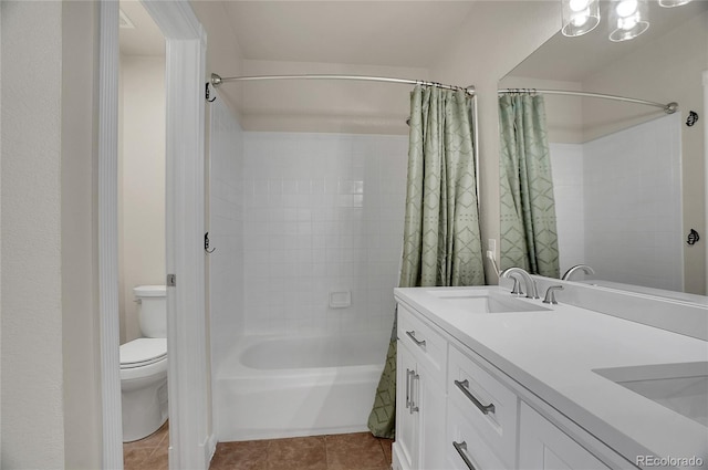 2140 W 135th Ave, Westminster, CO 80234 - bathroom featuring toilet, shower / bath combo, tile patterned floors, and double vanity