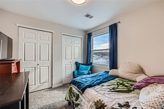 bedroom with multiple closets and carpet