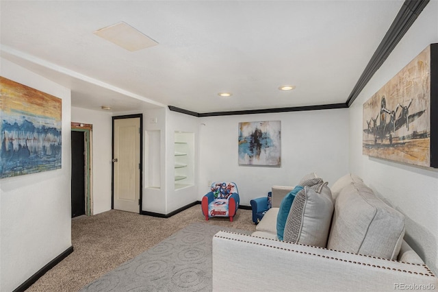 living room with light colored carpet and crown molding