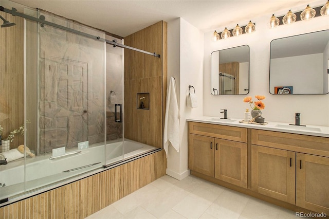 14890 W 58th Pl, Golden, CO 80403 - bathroom with enclosed tub / shower combo, double vanity, and tile patterned floors