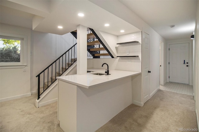 14890 W 58th Pl, Golden, CO 80403 - bar with light colored carpet, stairway, and recessed lighting