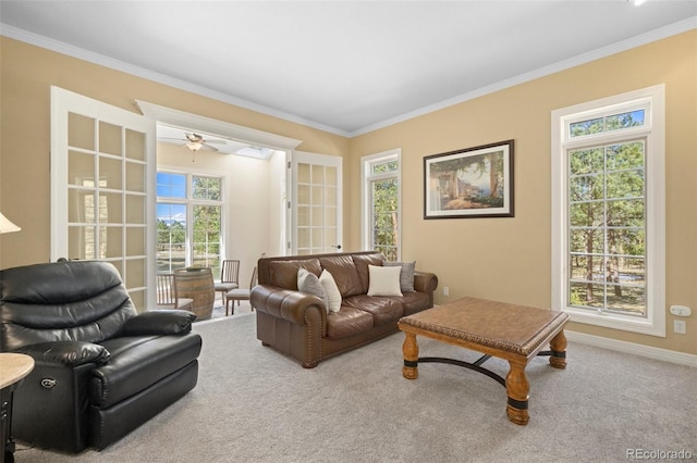 carpeted living room featuring crown molding