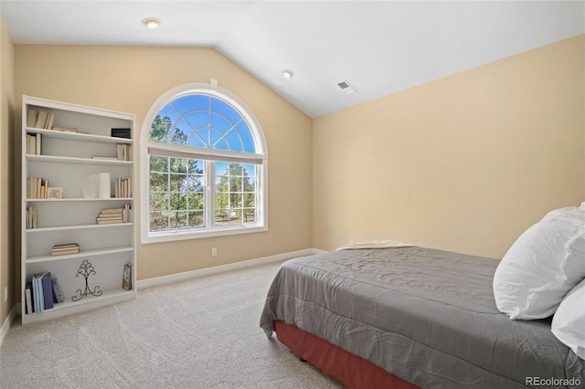 carpeted bedroom featuring lofted ceiling