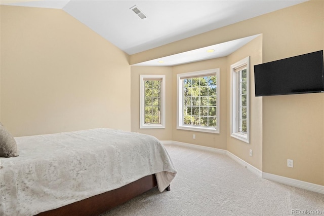 bedroom with lofted ceiling and carpet