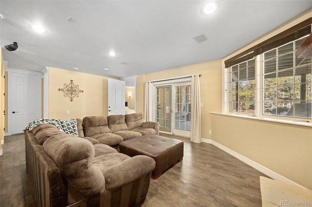 living room featuring dark wood-type flooring