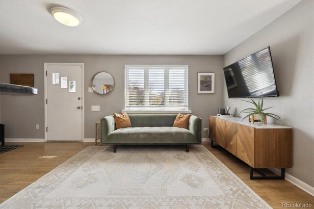 living area with baseboards and light wood finished floors