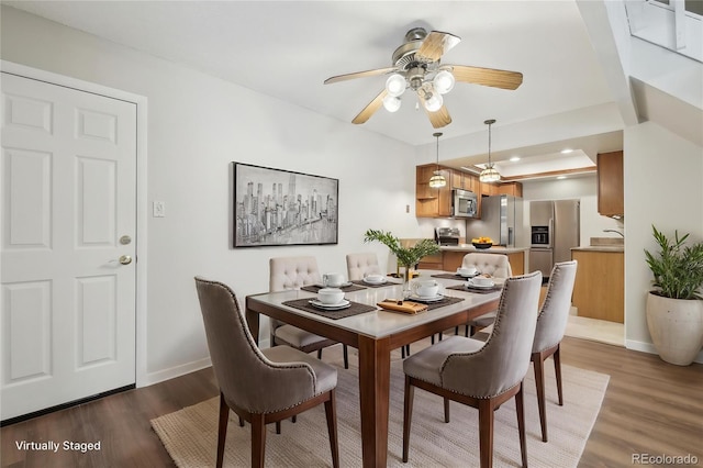12115 Bannock St Unit B, Denver, CO 80234 - dining room with wood finished floors, baseboards, ceiling fan, and recessed lighting