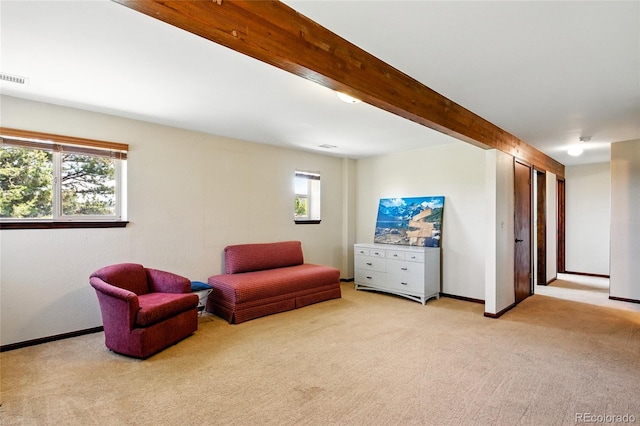 sitting room featuring baseboards, light carpet, and plenty of natural light