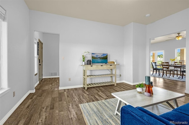 12255 Forest Green Dr, Elbert, CO 80106 - living area featuring wood finished floors, a ceiling fan, and baseboards