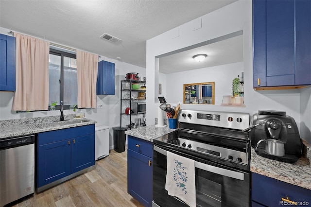 311 W Lehow Ave Unit 3, Englewood, CO 80110 - kitchen with a sink, stainless steel appliances, light wood-type flooring, visible vents, and blue cabinetry