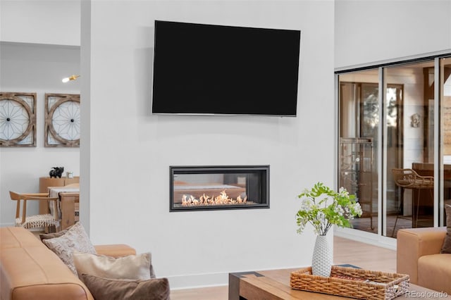 living room with baseboards, wood finished floors, and a glass covered fireplace