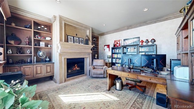 office with a premium fireplace and crown molding