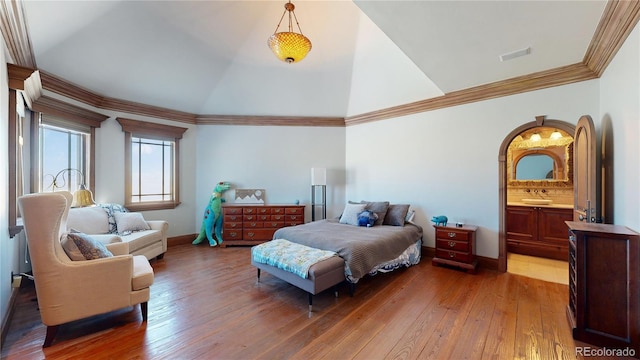 bedroom featuring crown molding, dark hardwood / wood-style floors, sink, and high vaulted ceiling