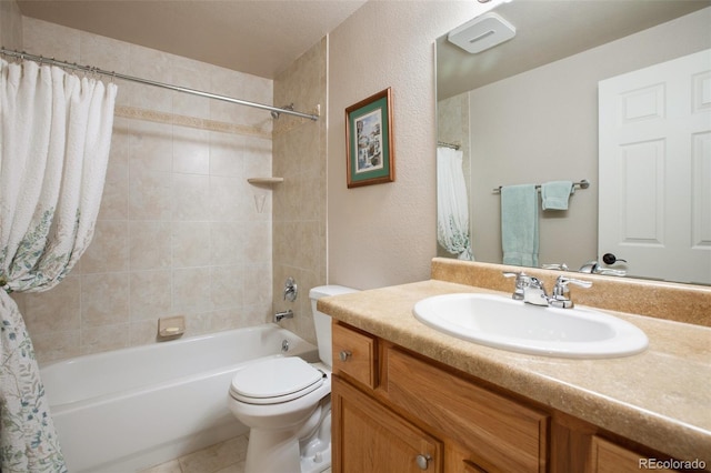 full bathroom with vanity, shower / tub combo, toilet, and tile patterned flooring