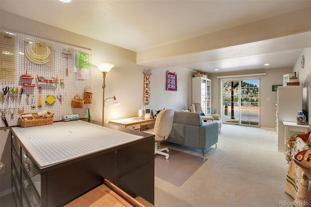 interior space with recessed lighting, light colored carpet, and baseboards