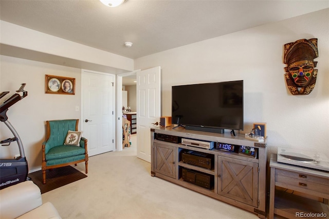 living area featuring light colored carpet