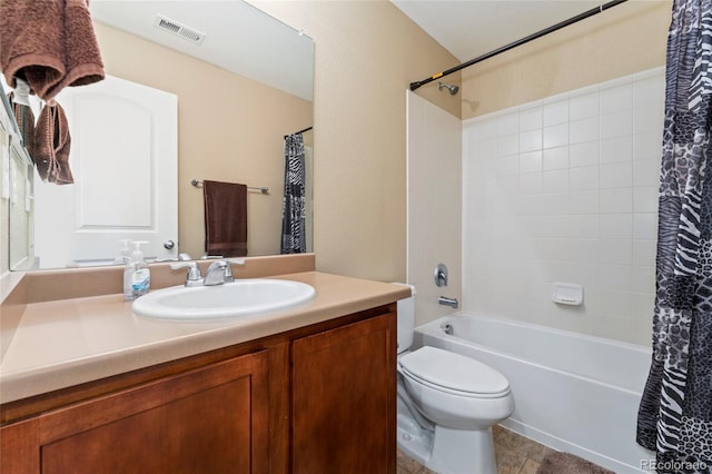 full bathroom with toilet, shower / bathtub combination with curtain, and vanity