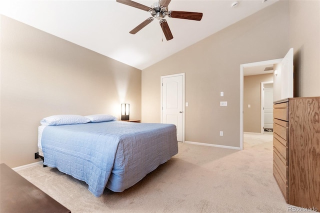 bedroom with baseboards, a ceiling fan, high vaulted ceiling, and light carpet