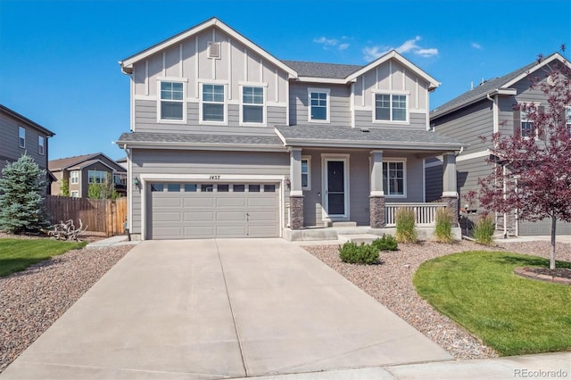 1457 Castle Creek Cir, Castle Rock, CO 80104 - craftsman-style house featuring board and batten siding, an attached garage, covered porch, and driveway