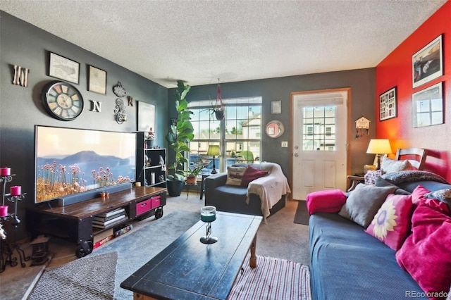 living room with a textured ceiling and carpet