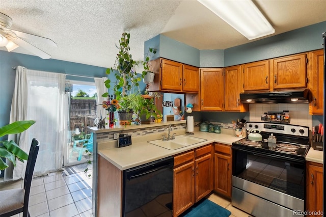 kitchen with stainless steel range with electric stovetop, dishwasher, a sink, under cabinet range hood, and brown cabinetry