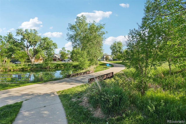 view of community with a water view
