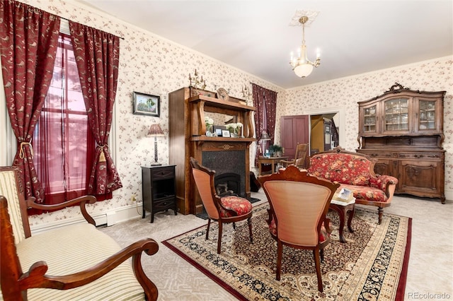 200 Rose St, Georgetown, CO 80444 - sitting room with wallpapered walls, a chandelier, and carpet flooring