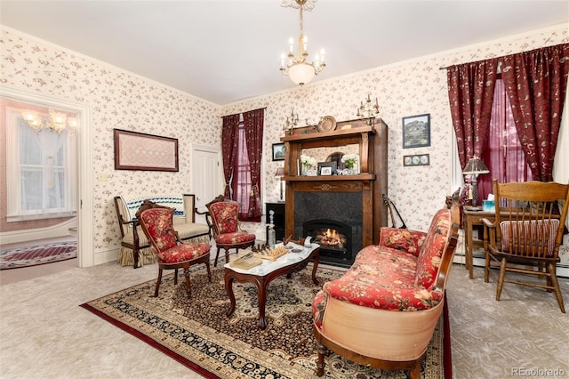 200 Rose St, Georgetown, CO 80444 - living area featuring a chandelier, wallpapered walls, a lit fireplace, carpet floors, and crown molding