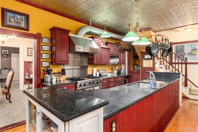 200 Rose St, Georgetown, CO 80444 - kitchen featuring wall chimney exhaust hood, an ornate ceiling, range, reddish brown cabinets, and a large island