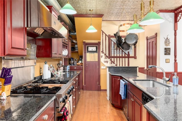 200 Rose St, Georgetown, CO 80444 - kitchen featuring high end stove, island exhaust hood, dark brown cabinets, light wood finished floors, and ornamental molding