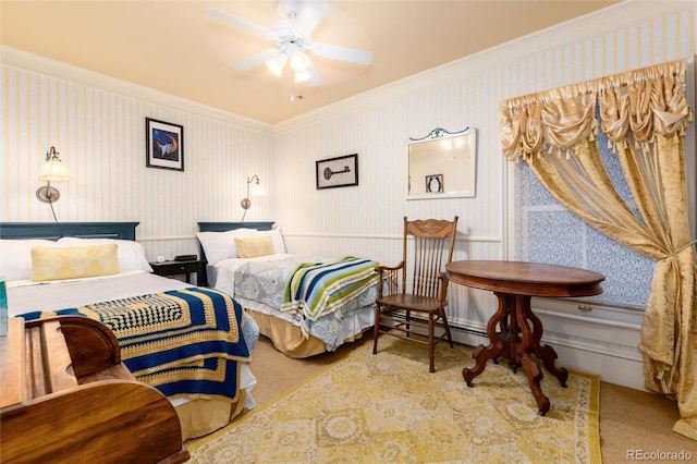 200 Rose St, Georgetown, CO 80444 - bedroom featuring wallpapered walls, crown molding, a ceiling fan, and carpet flooring
