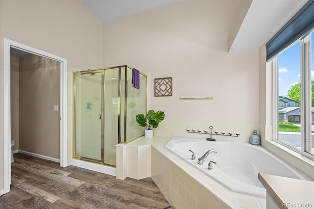 17395 E Dewberry Dr, Parker, CO 80134 - full bath with a garden tub, a shower stall, toilet, healthy amount of natural light, and lofted ceiling