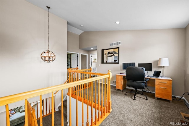 17395 E Dewberry Dr, Parker, CO 80134 - office with lofted ceiling, a chandelier, dark colored carpet, recessed lighting, and baseboards