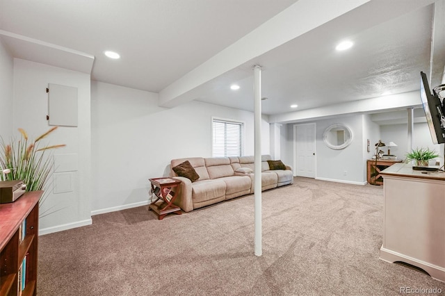 17395 E Dewberry Dr, Parker, CO 80134 - living room featuring light colored carpet, baseboards, and recessed lighting