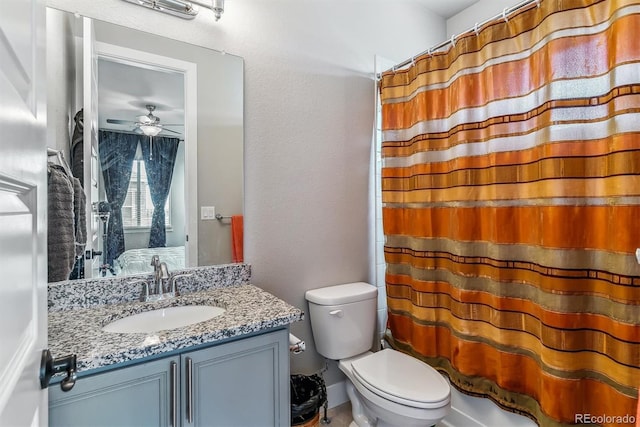 8299 S Kellerman, Aurora, CO 80016 - full bathroom featuring vanity, toilet, a shower with curtain, and a ceiling fan